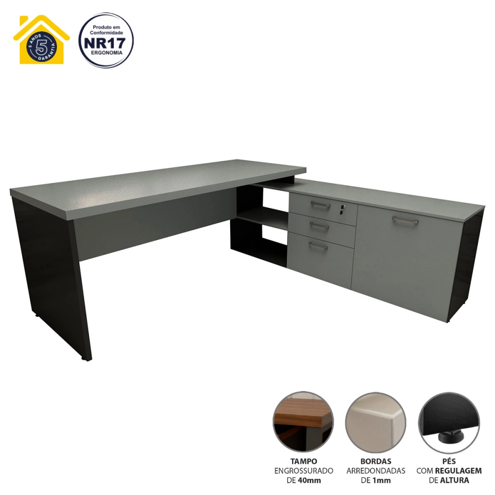 Mesa de Escritório Em L 190cm Tampo 40mm Balcão e 3 Gavetas Cor:Cinza Sagrado com Preto