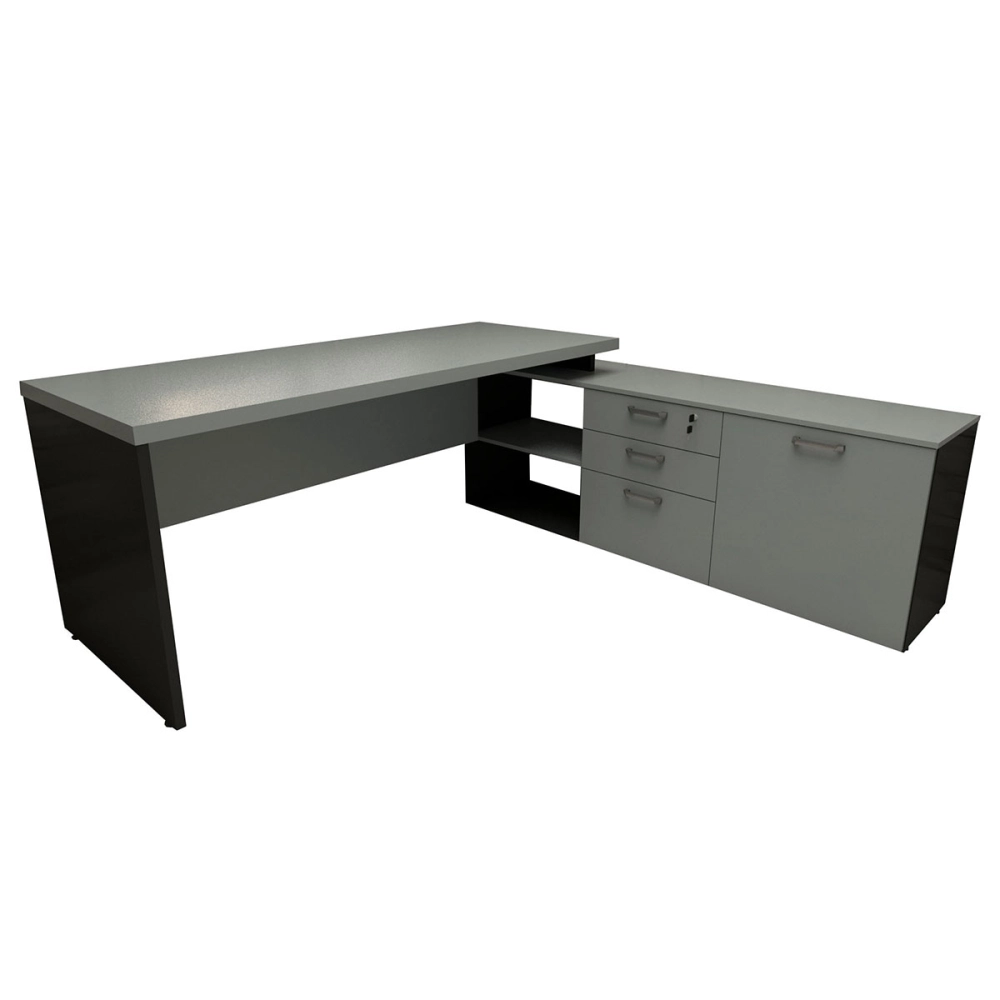 Mesa de Escritório Em L 190cm Tampo 40mm Balcão e 3 Gavetas Cor:Cinza Sagrado com Preto