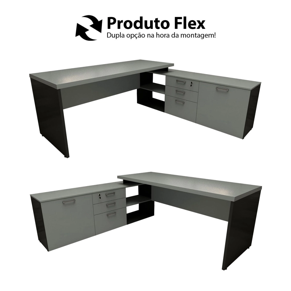 Mesa de Escritório Em L 190cm Tampo 40mm Balcão e 3 Gavetas Cor:Cinza Sagrado com Preto