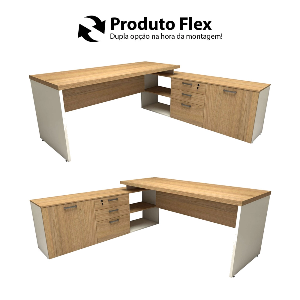 Mesa de Escritório Em L 190cm Tampo 40mm Balcão e 3 Gavetas Cor:Macadâmia com Branco