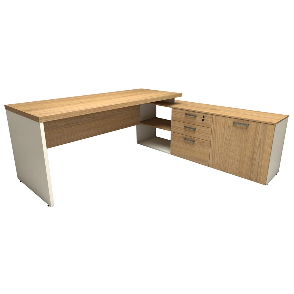 Mesa de Escritório Em L 190cm Tampo 40mm Balcão e 3 Gavetas Cor:Macadâmia com Branco