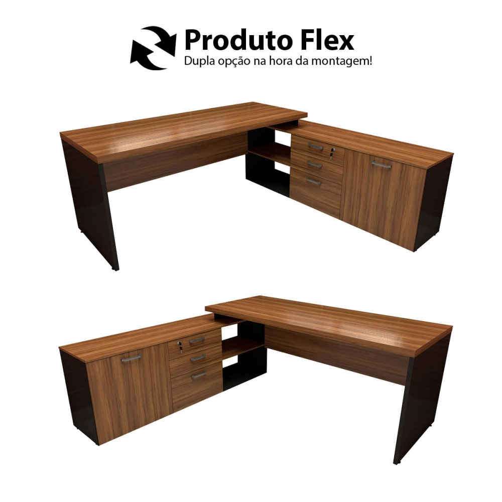 Mesa de Escritório Em L 190cm Tampo 40mm Balcão e 3 Gavetas Cor:Nogal com Preto