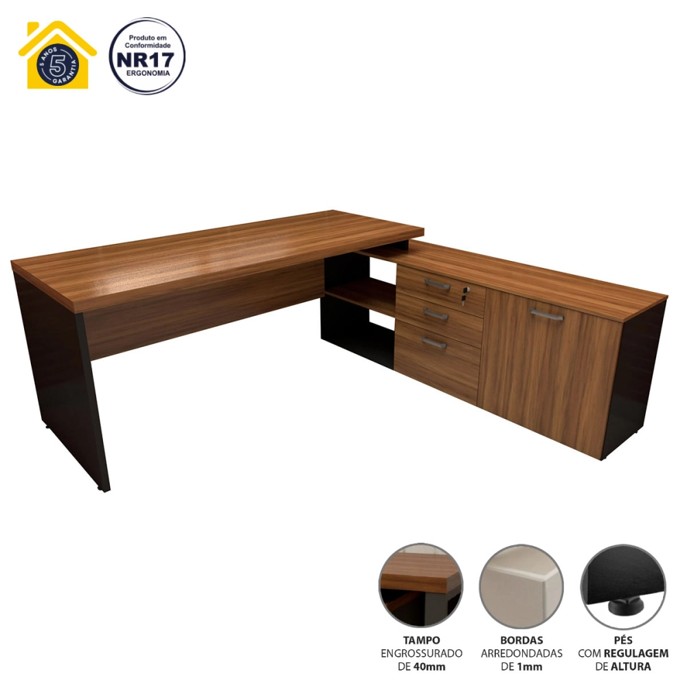 Mesa de Escritório Em L 190cm Tampo 40mm Balcão e 3 Gavetas Cor:Nogal com Preto