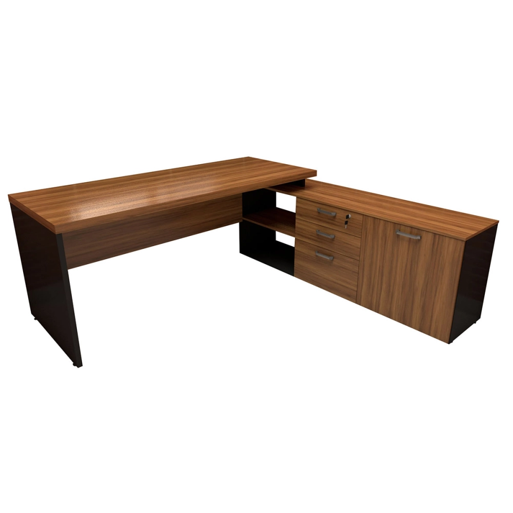 Mesa de Escritório Em L 190cm Tampo 40mm Balcão e 3 Gavetas Cor:Nogal com Preto