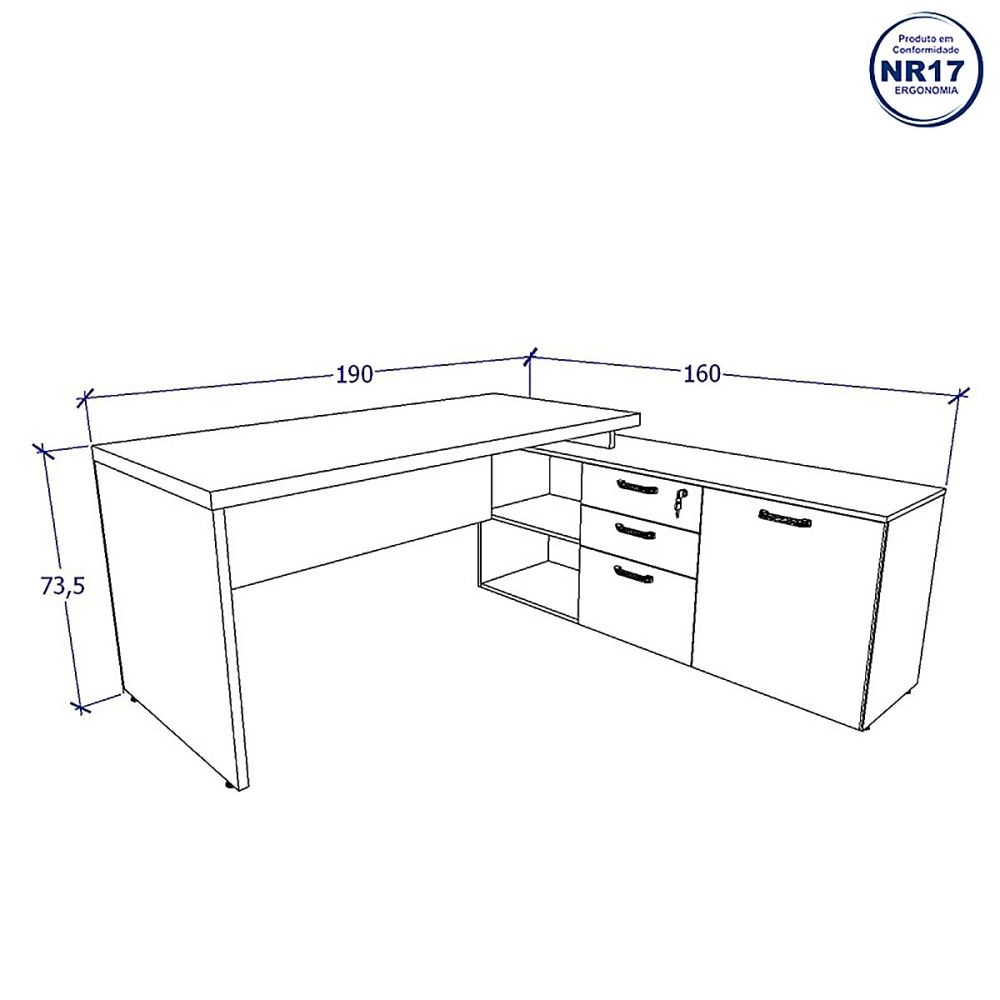 Mesa de Escritório Em L 190cm Tampo 40mm Balcão e 3 Gavetas Cor:Nogal com Preto