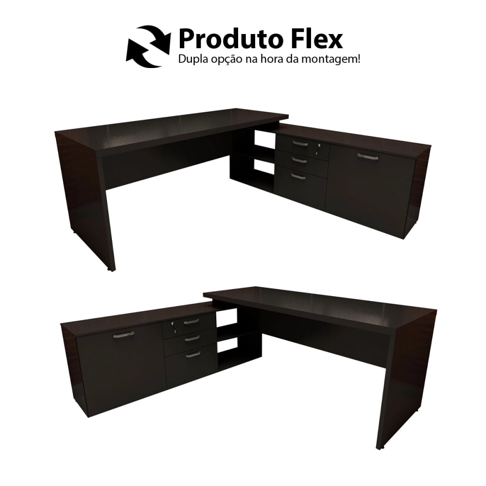 Mesa de Escritório Em L 190cm Tampo 40mm Balcão e 3 Gavetas Cor:Preto