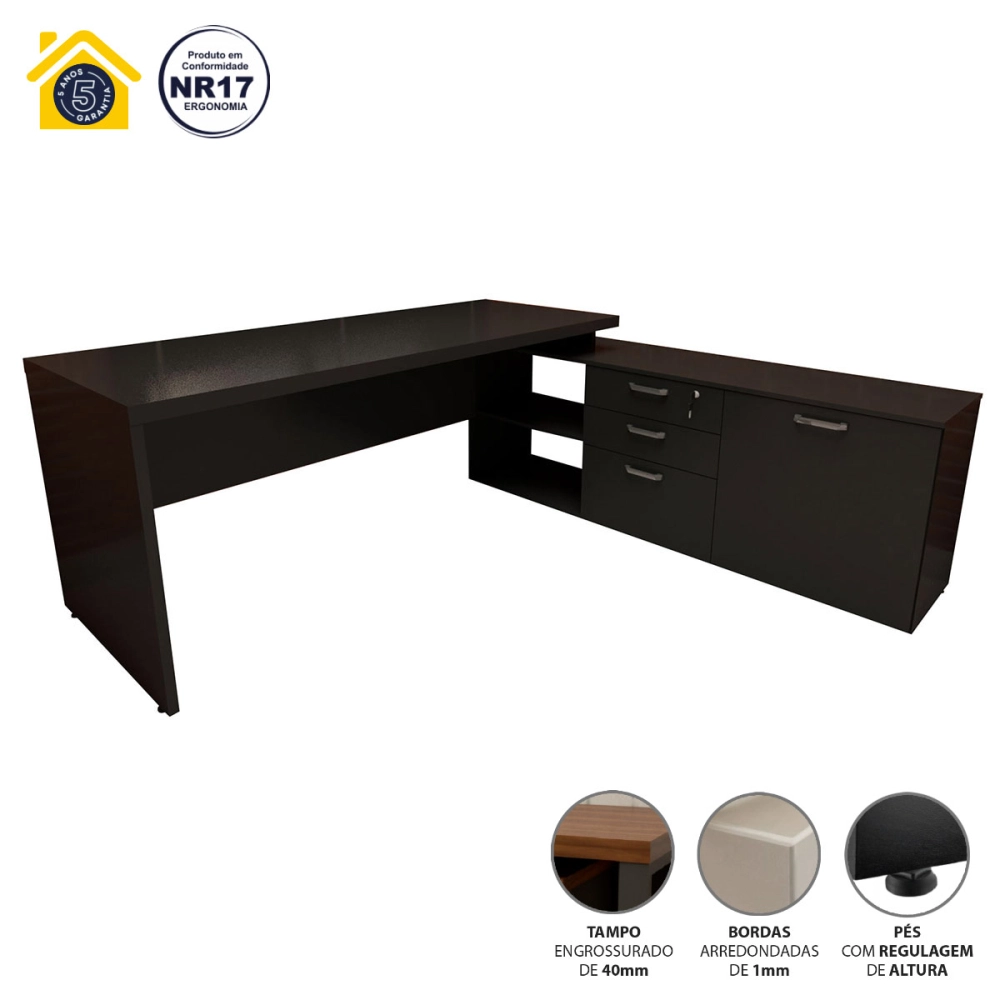 Mesa de Escritório Em L 190cm Tampo 40mm Balcão e 3 Gavetas Cor:Preto