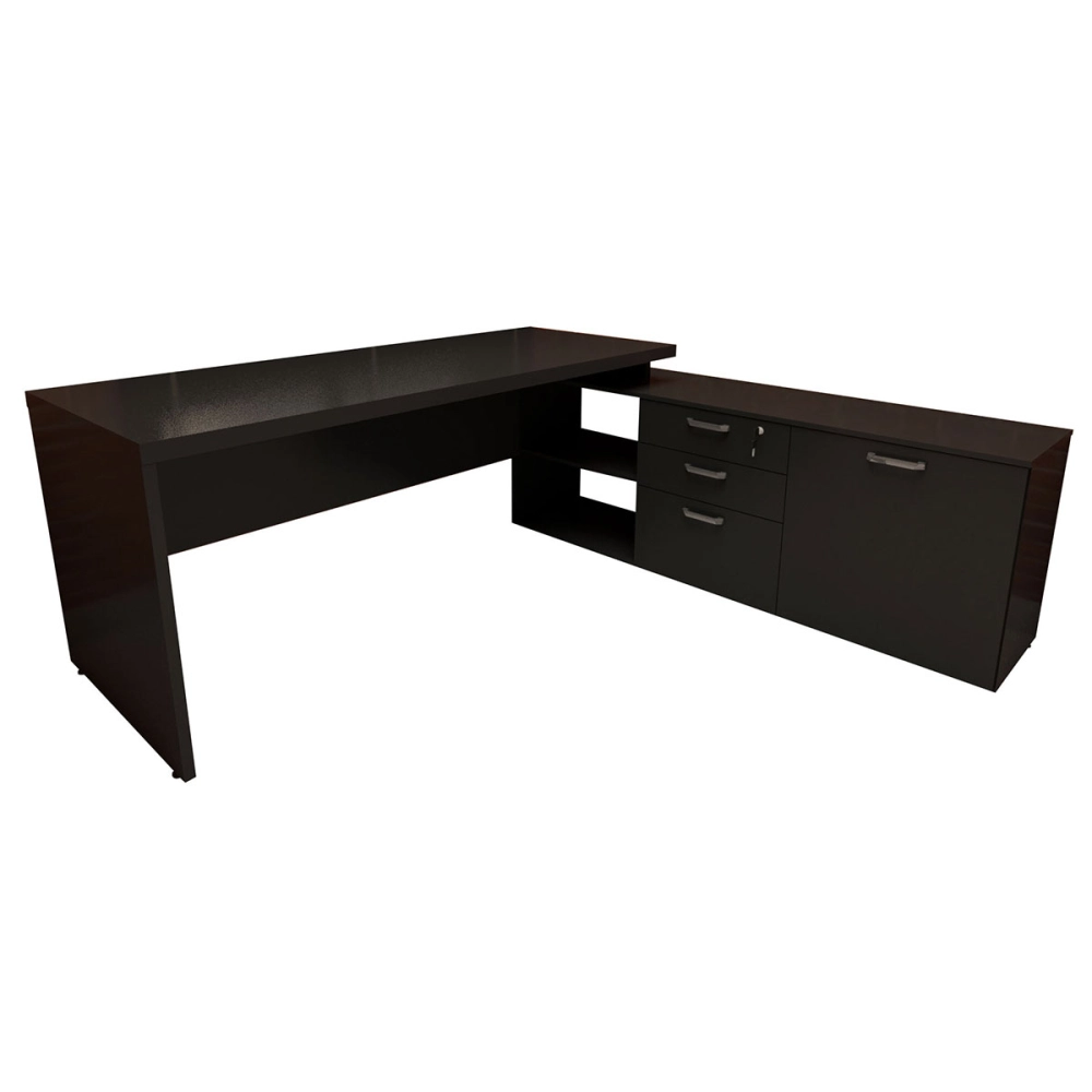 Mesa de Escritório Em L 190cm Tampo 40mm Balcão e 3 Gavetas Cor:Preto