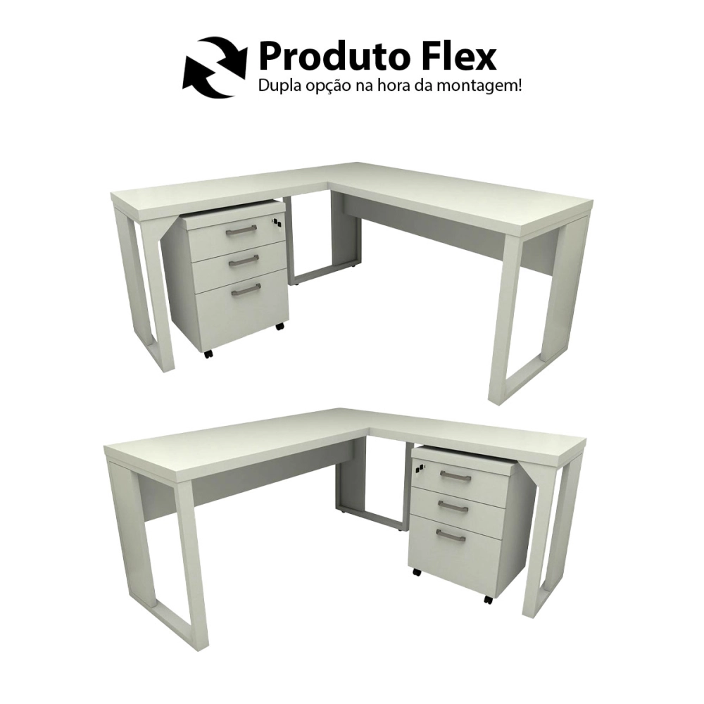 Mesa de Escritório em L Linha Industrial Com Gaveteiro F5 Cor:Cinza Claro