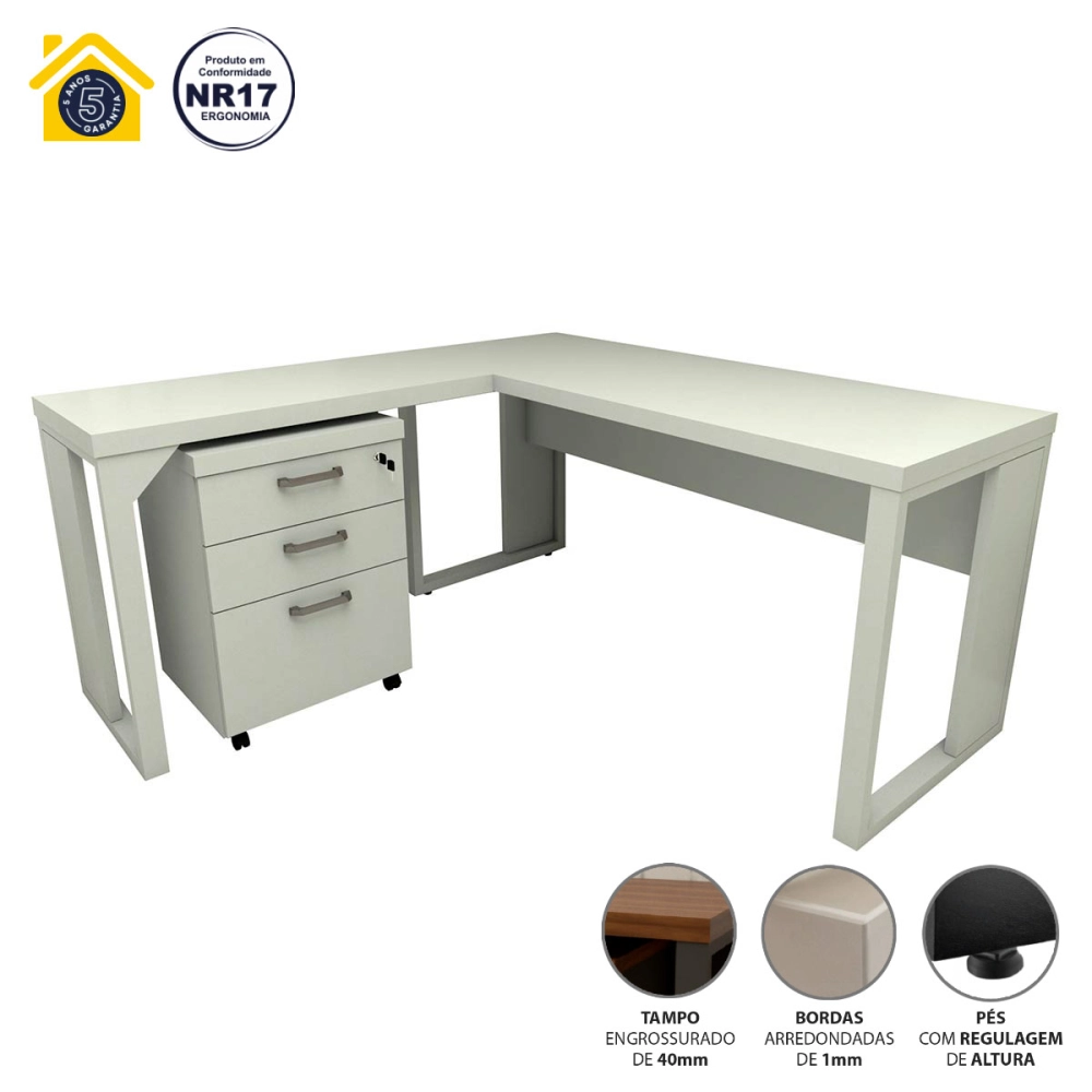 Mesa de Escritório em L Linha Industrial Com Gaveteiro F5 Cor:Cinza Claro
