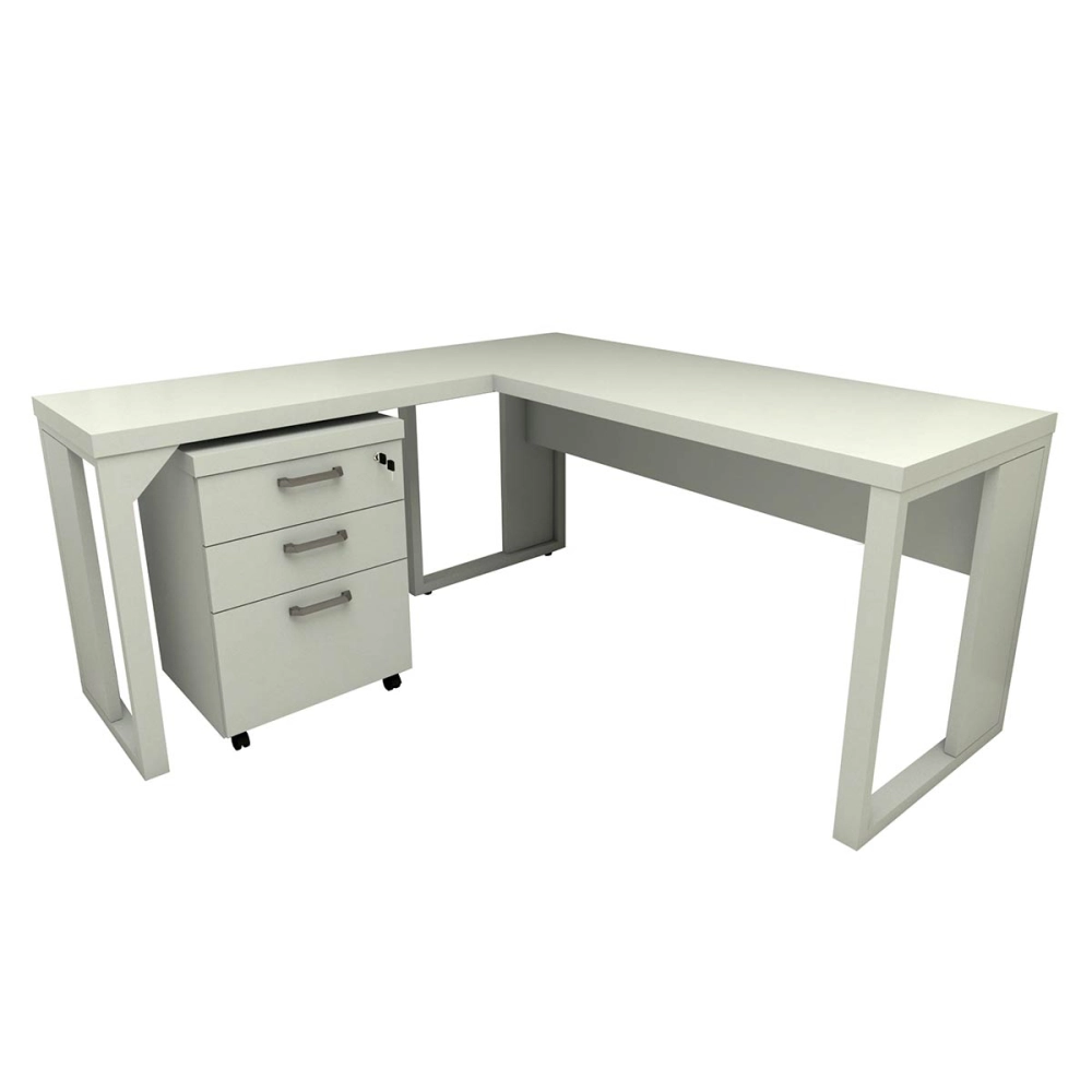 Mesa de Escritório em L Linha Industrial Com Gaveteiro F5 Cor:Cinza Claro