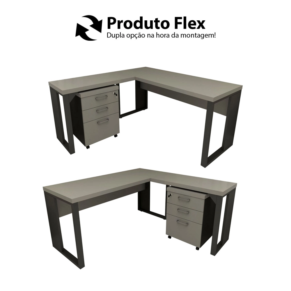 Mesa de Escritório em L Linha Industrial Com Gaveteiro F5 Cor:Cinza Sagrado com Preto