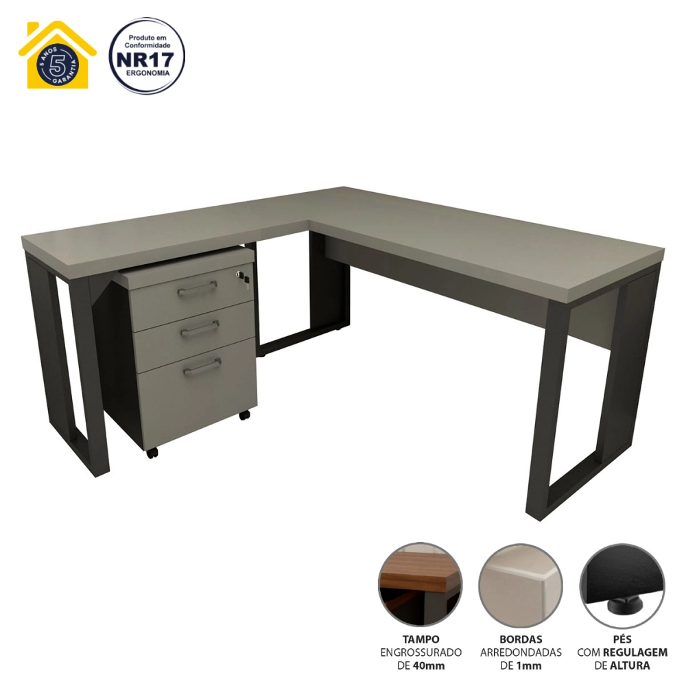 Mesa de Escritório em L Linha Industrial Com Gaveteiro F5 Cor:Cinza Sagrado com Preto