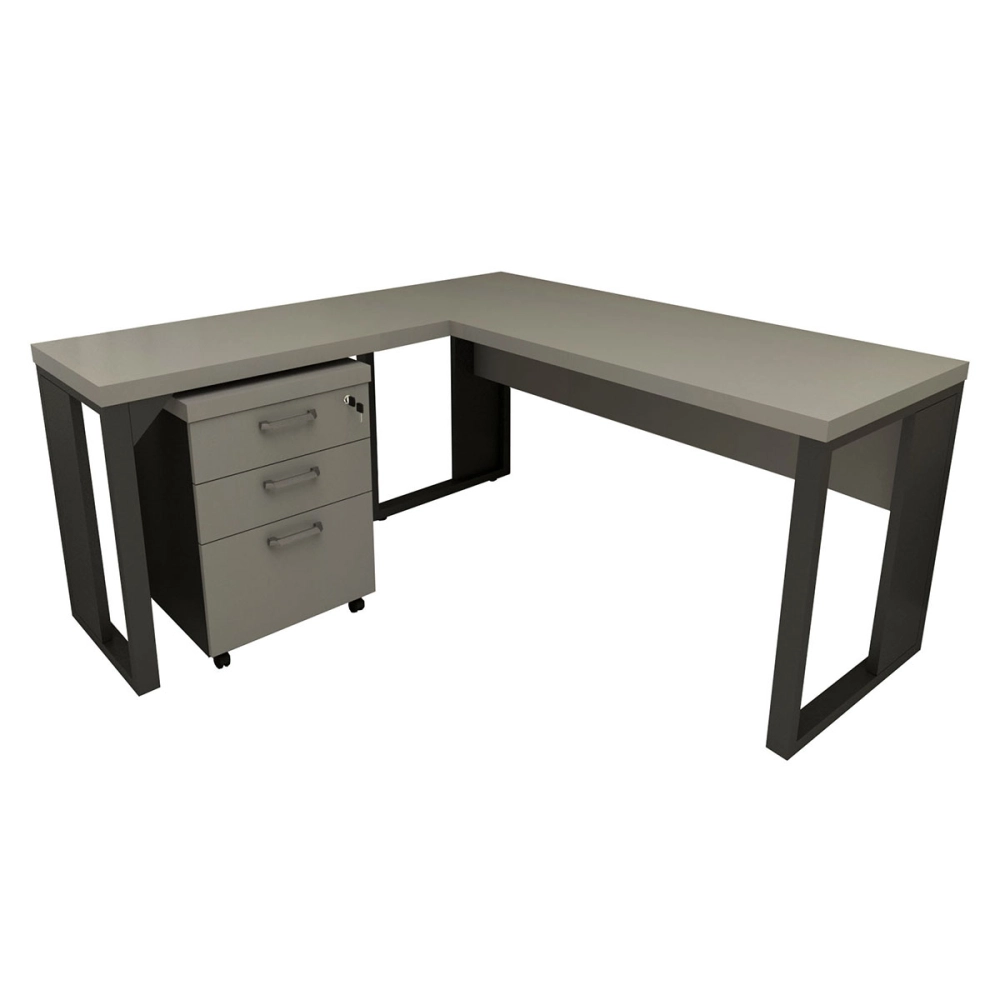 Mesa de Escritório em L Linha Industrial Com Gaveteiro F5 Cor:Cinza Sagrado com Preto