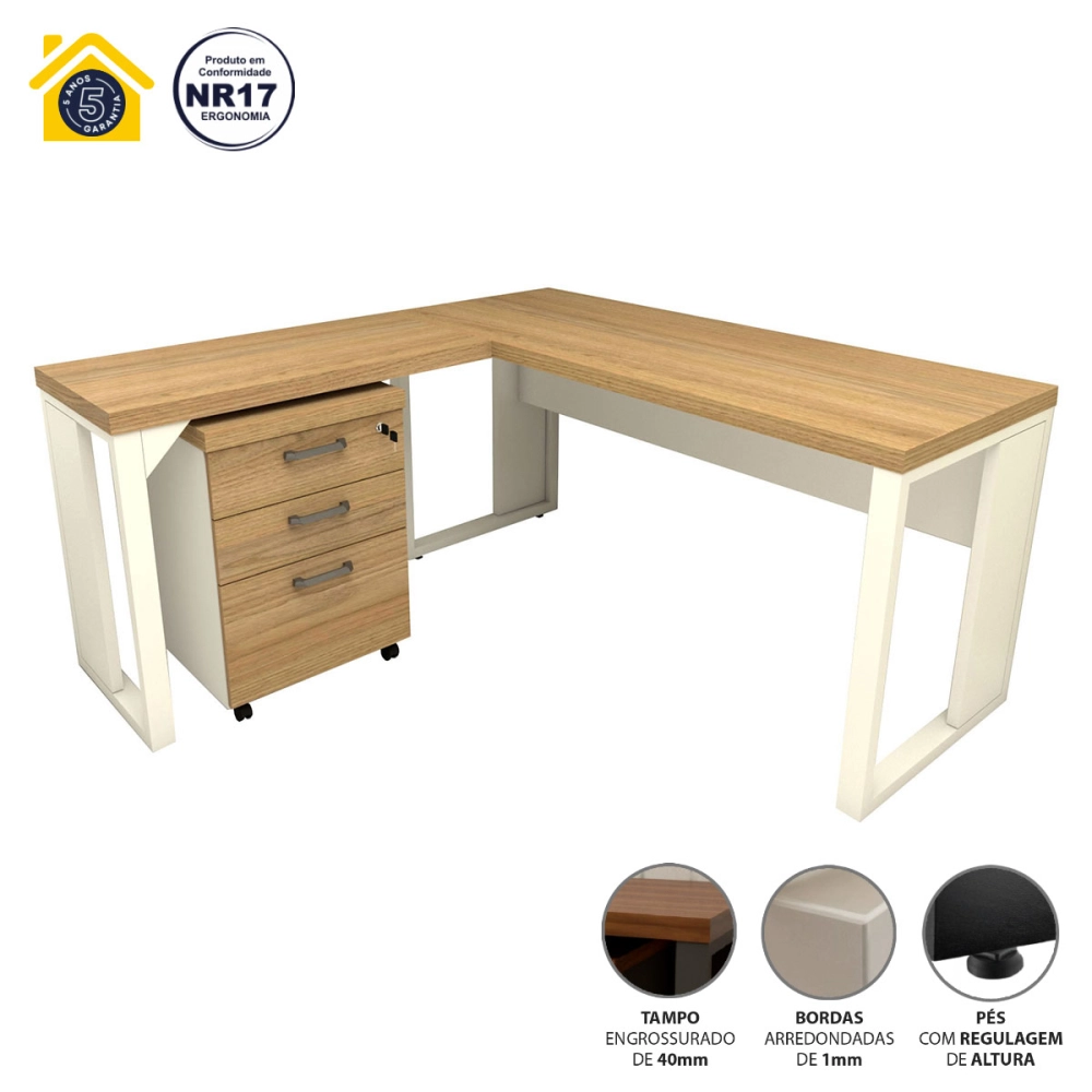 Mesa de Escritório em L Linha Industrial Com Gaveteiro F5 Cor:Macadâmia com Branco