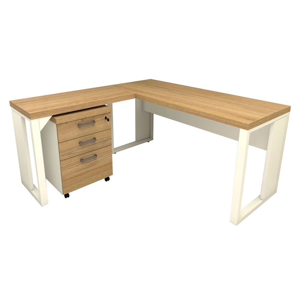 Mesa de Escritório em L Linha Industrial Com Gaveteiro F5 Cor:Macadâmia com Branco