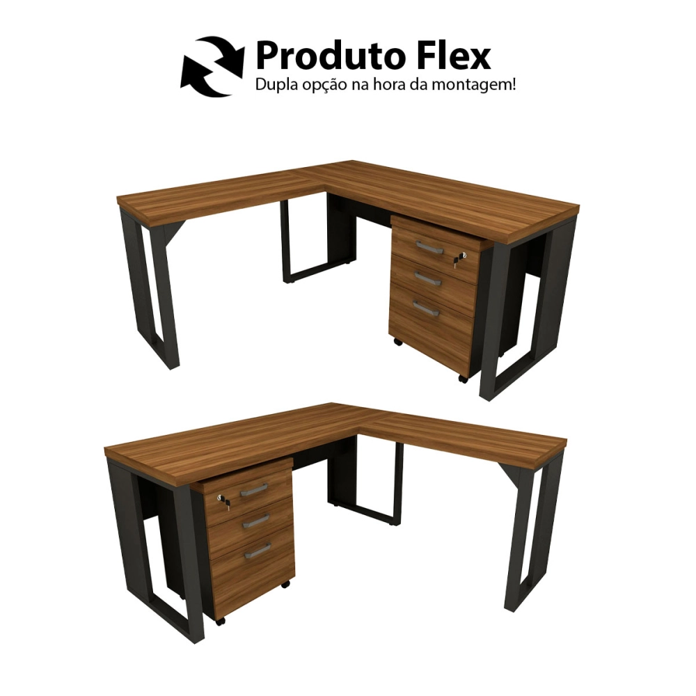 Mesa de Escritório em L Linha Industrial Com Gaveteiro F5 Cor:Nogal com Preto