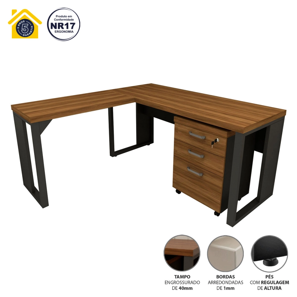 Mesa de Escritório em L Linha Industrial Com Gaveteiro F5 Cor:Nogal com Preto
