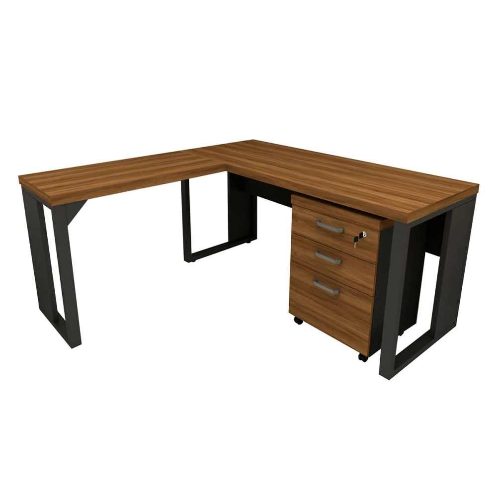Mesa de Escritório em L Linha Industrial Com Gaveteiro F5 Cor:Nogal com Preto