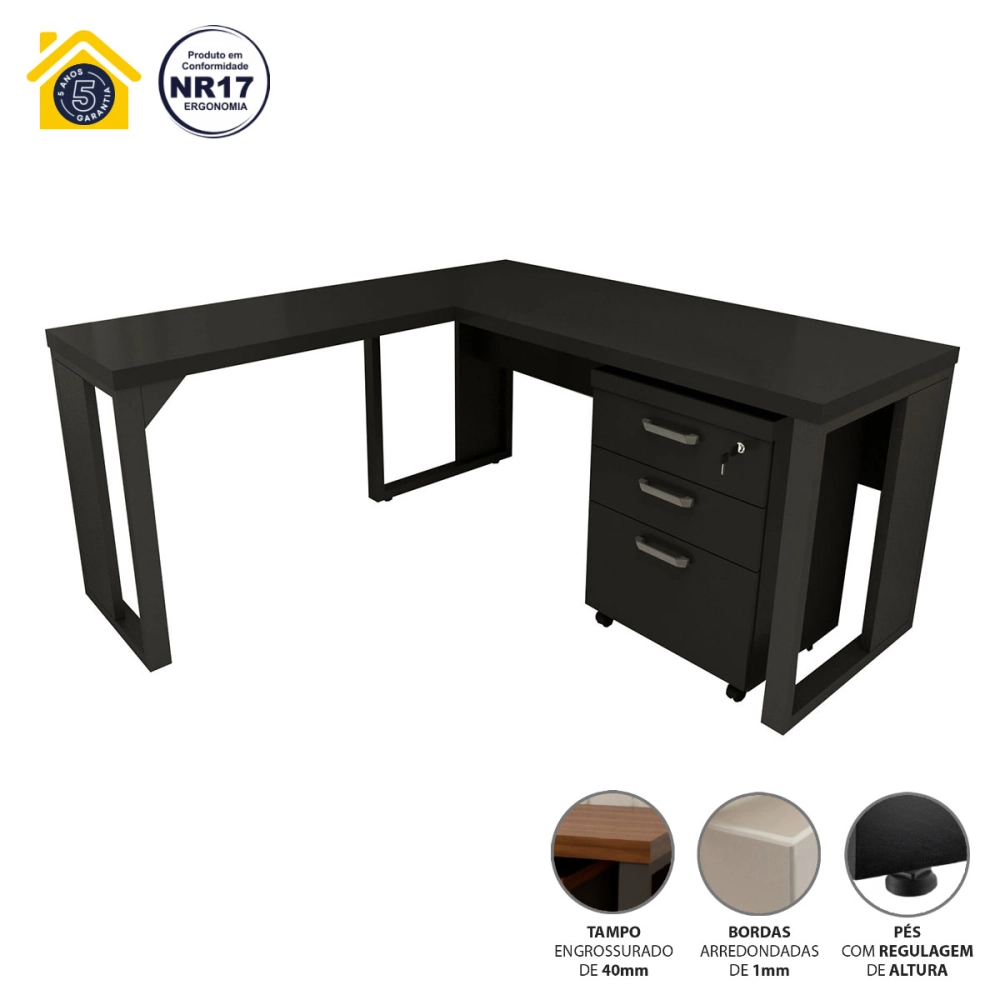 Mesa de Escritório em L Linha Industrial Com Gaveteiro F5 Cor:Preto