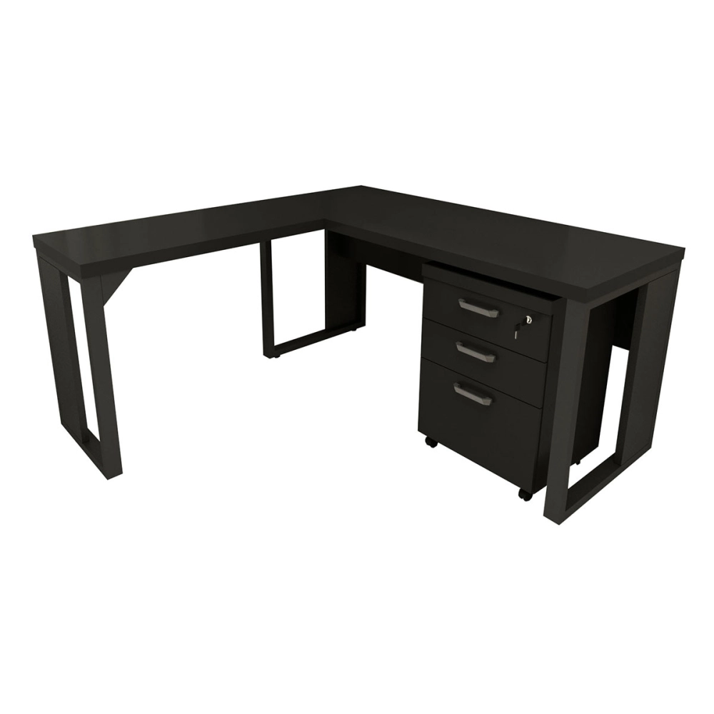Mesa de Escritório em L Linha Industrial Com Gaveteiro F5 Cor:Preto