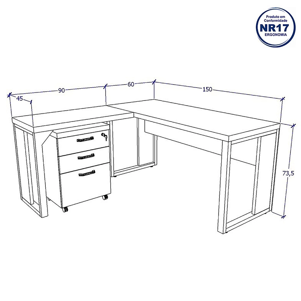 Mesa de Escritório em L Linha Industrial Com Gaveteiro F5 Cor:Preto