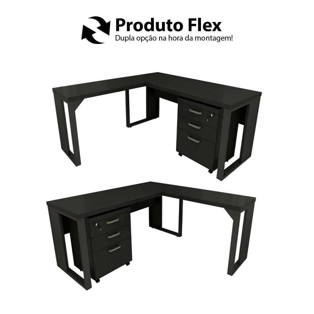 Mesa de Escritório em L Linha Industrial Com Gaveteiro F5 Cor:Preto