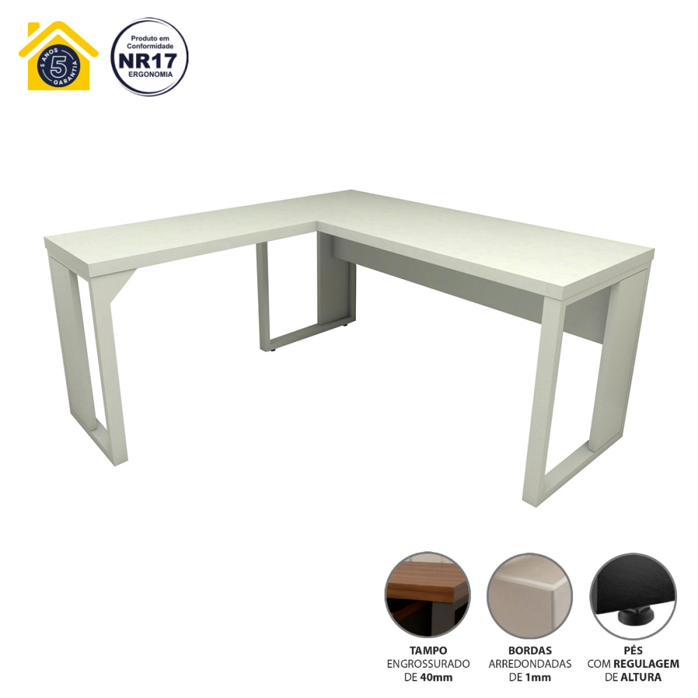 Mesa de Escritório em L Linha Industrial Metal Tampo 40mm Cor:Cinza Claro