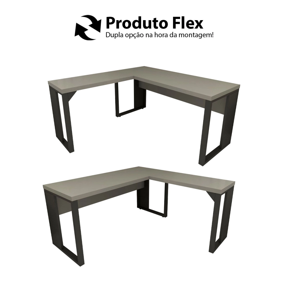 Mesa de Escritório em L Linha Industrial Metal Tampo 40mm Cor:Cinza Sagrado com Preto