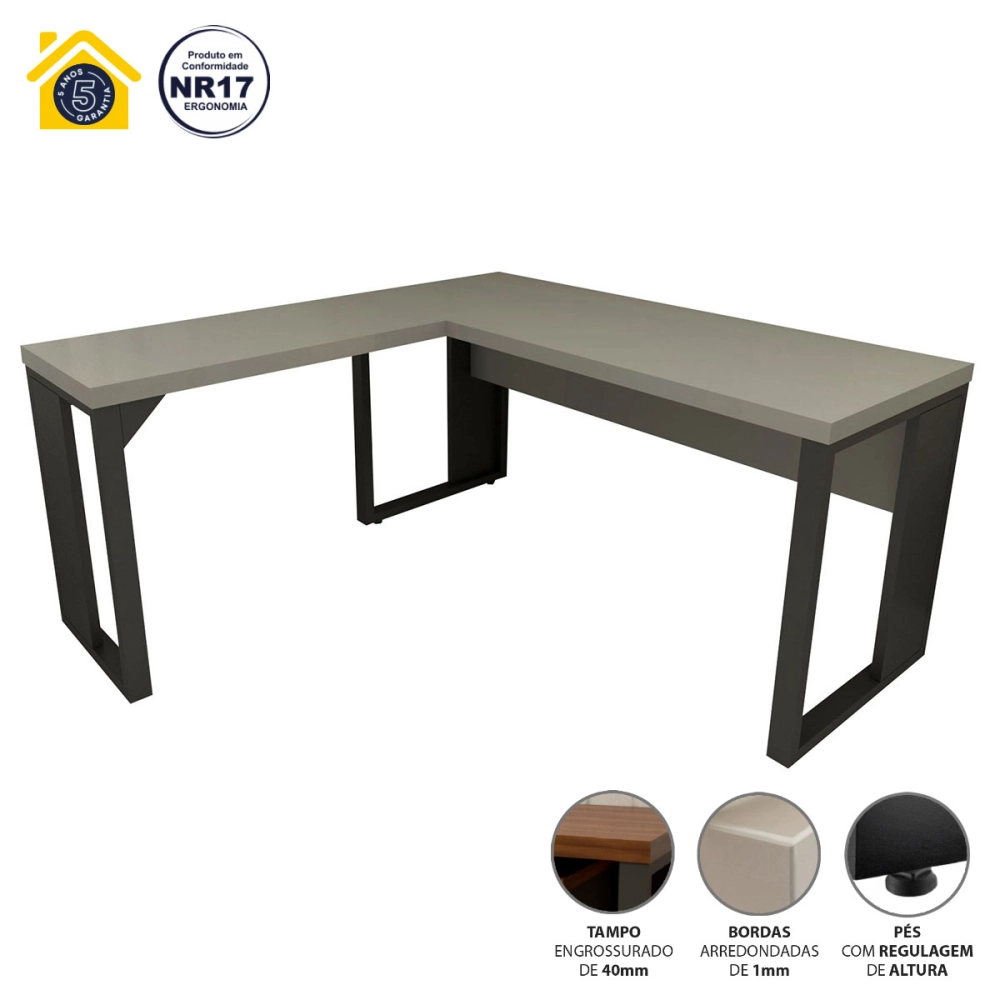 Mesa de Escritório em L Linha Industrial Metal Tampo 40mm Cor:Cinza Sagrado com Preto