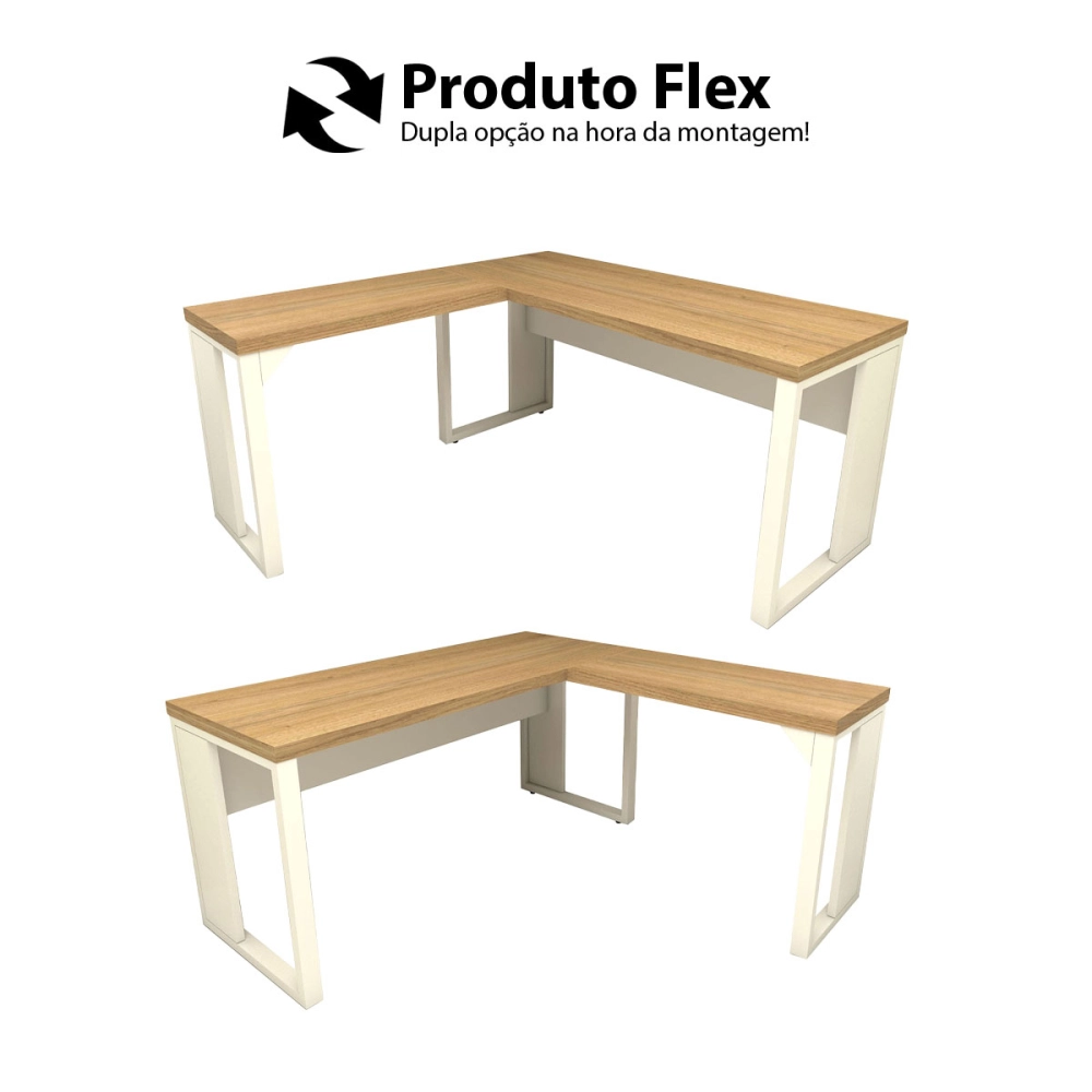 Mesa de Escritório em L Linha Industrial Metal Tampo 40mm Cor:Macadâmia com Branco