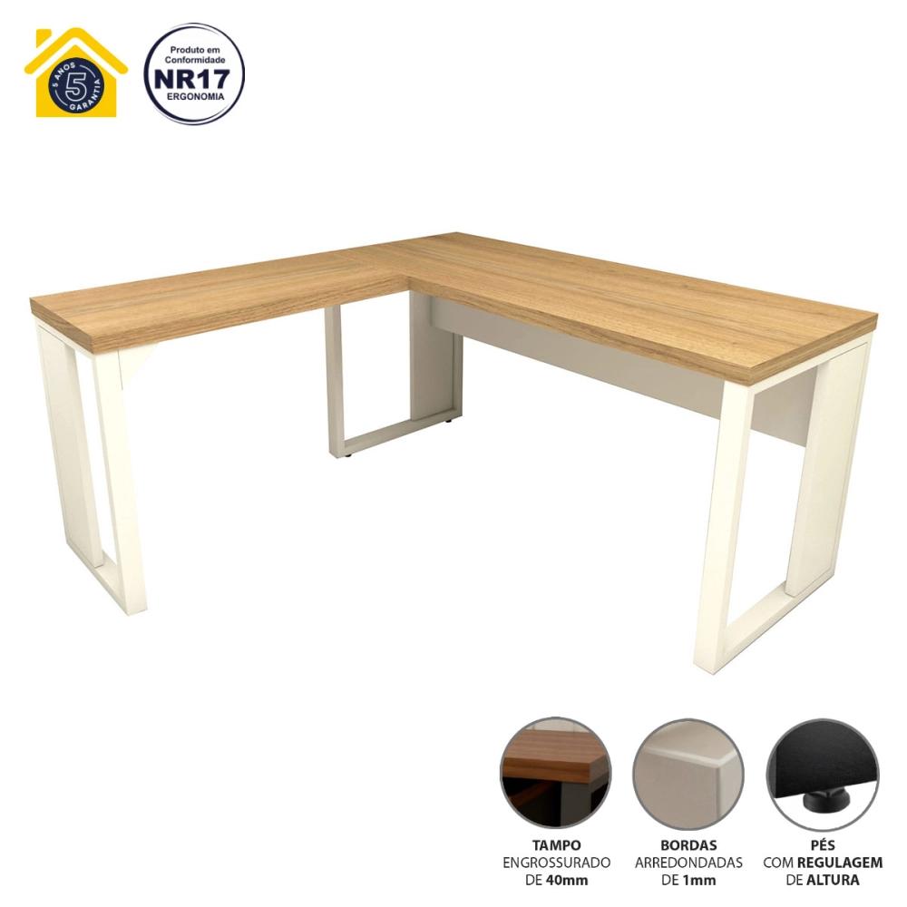 Mesa de Escritório em L Linha Industrial Metal Tampo 40mm Cor:Macadâmia com Branco