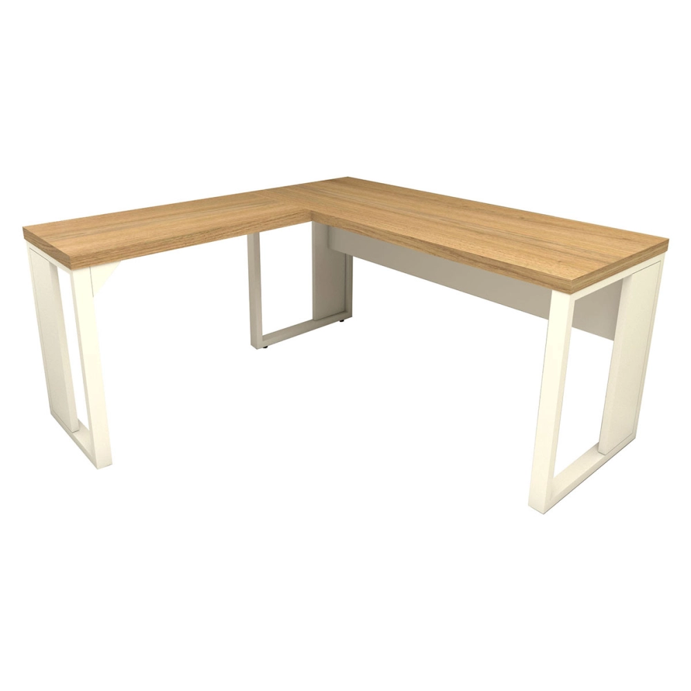Mesa de Escritório em L Linha Industrial Metal Tampo 40mm Cor:Macadâmia com Branco