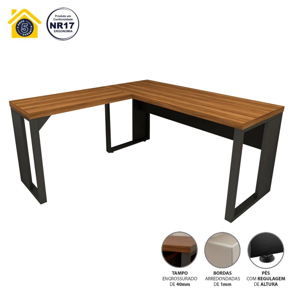 Mesa de Escritório em L Linha Industrial Metal Tampo 40mm Cor:Nogal com Preto