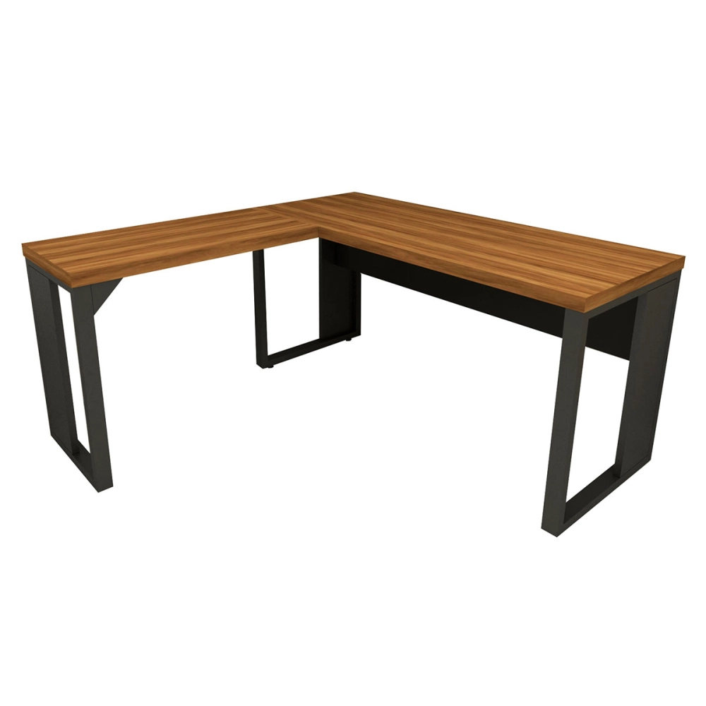 Mesa de Escritório em L Linha Industrial Metal Tampo 40mm Cor:Nogal com Preto