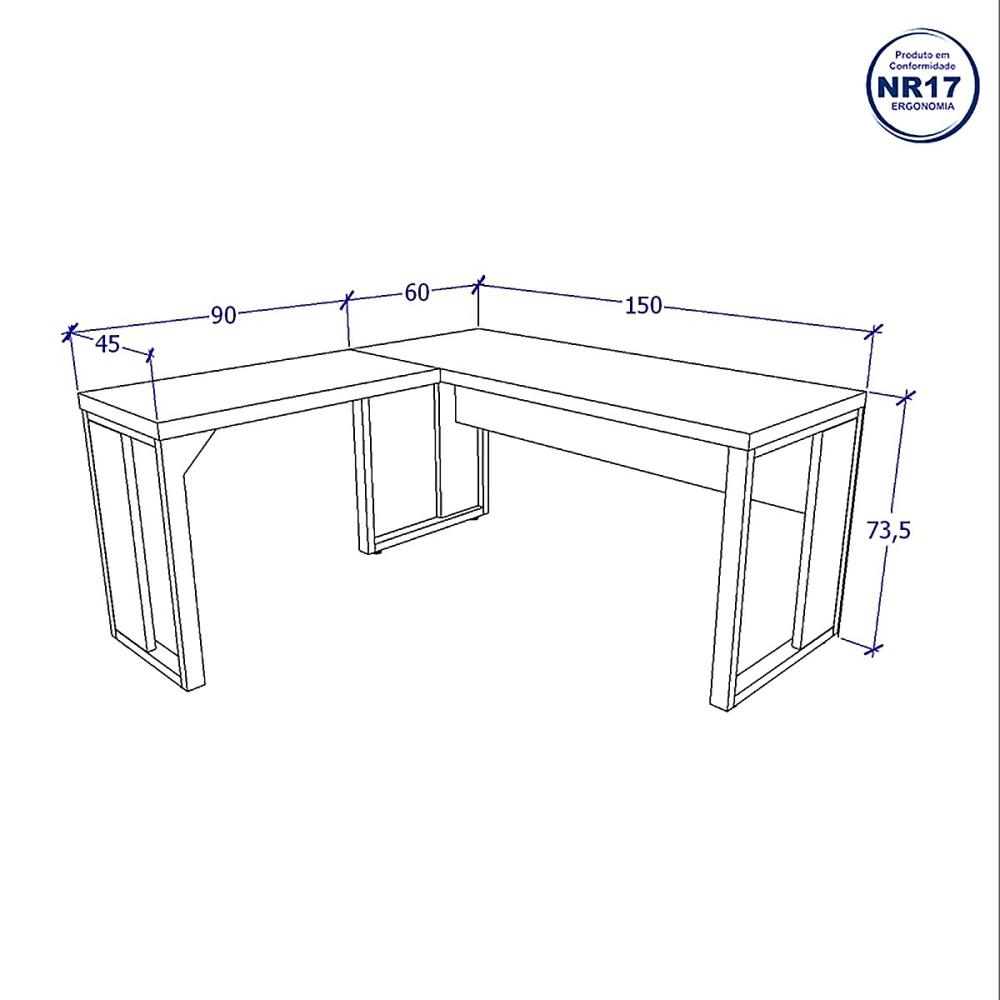 Mesa de Escritório em L Linha Industrial Metal Tampo 40mm Cor:Nogal com Preto