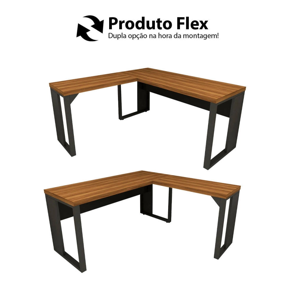 Mesa de Escritório em L Linha Industrial Metal Tampo 40mm Cor:Nogal com Preto