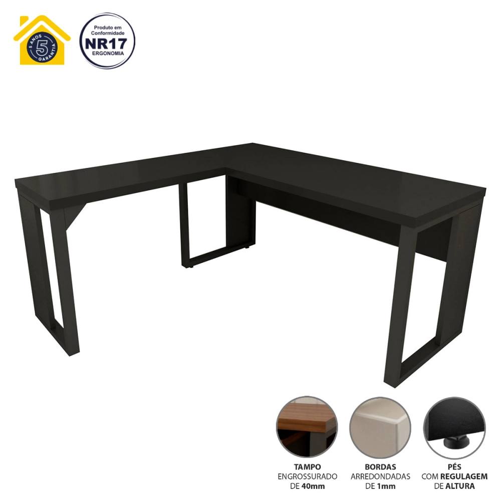 Mesa de Escritório em L Linha Industrial Metal Tampo 40mm Cor:Preto