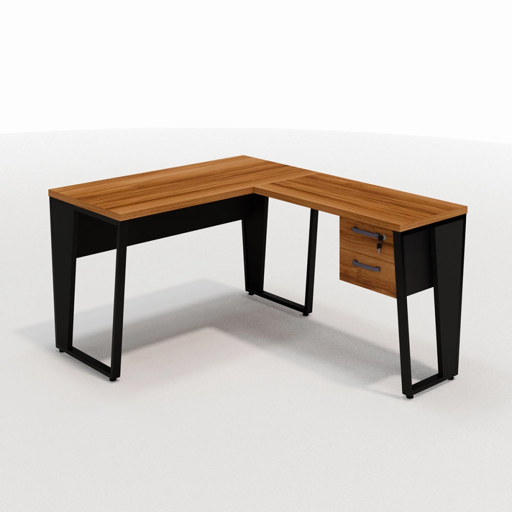 Mesa de Escritório Industrial em L com Gaveteiro Pés Metal Cor:Nogal com Preto