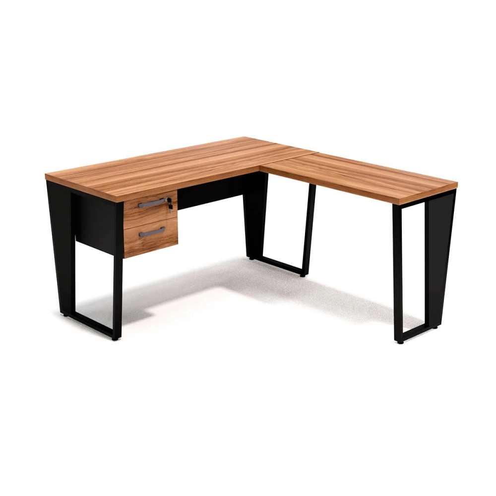 Mesa de Escritório Industrial em L com Gaveteiro Pés Metal Cor:Nogal com Preto
