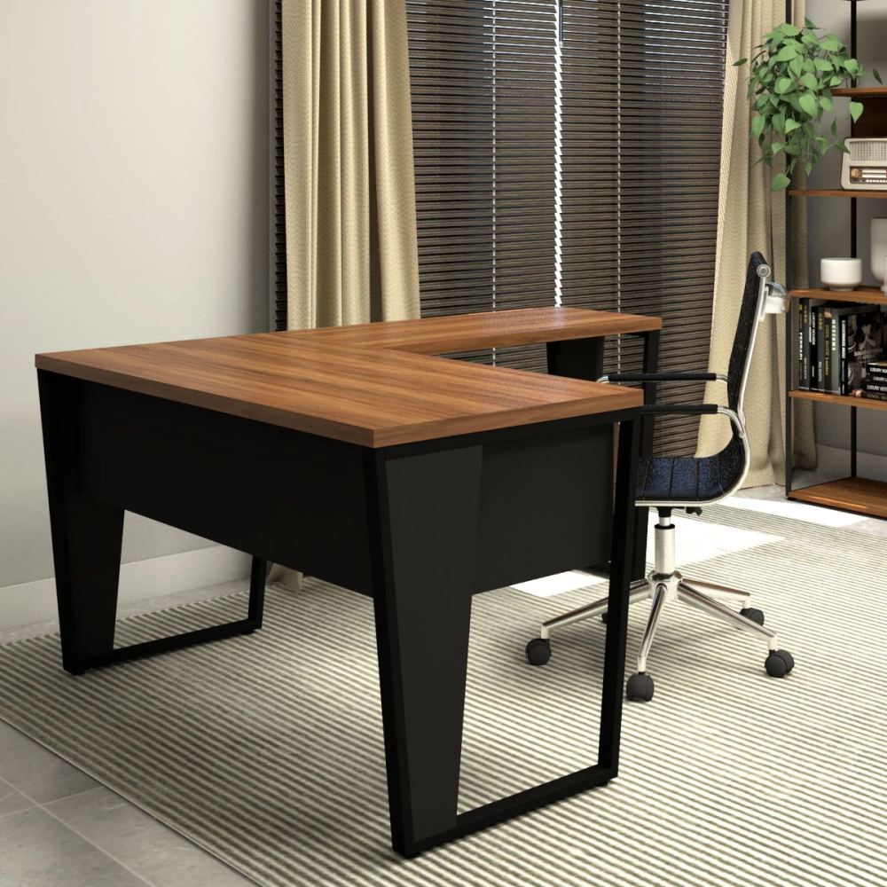 Mesa de Escritório Industrial em L com Gaveteiro Pés Metal Cor:Nogal com Preto