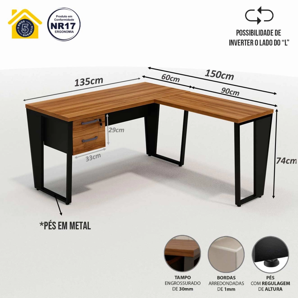 Mesa de Escritório Industrial em L com Gaveteiro Pés Metal Cor:Nogal com Preto