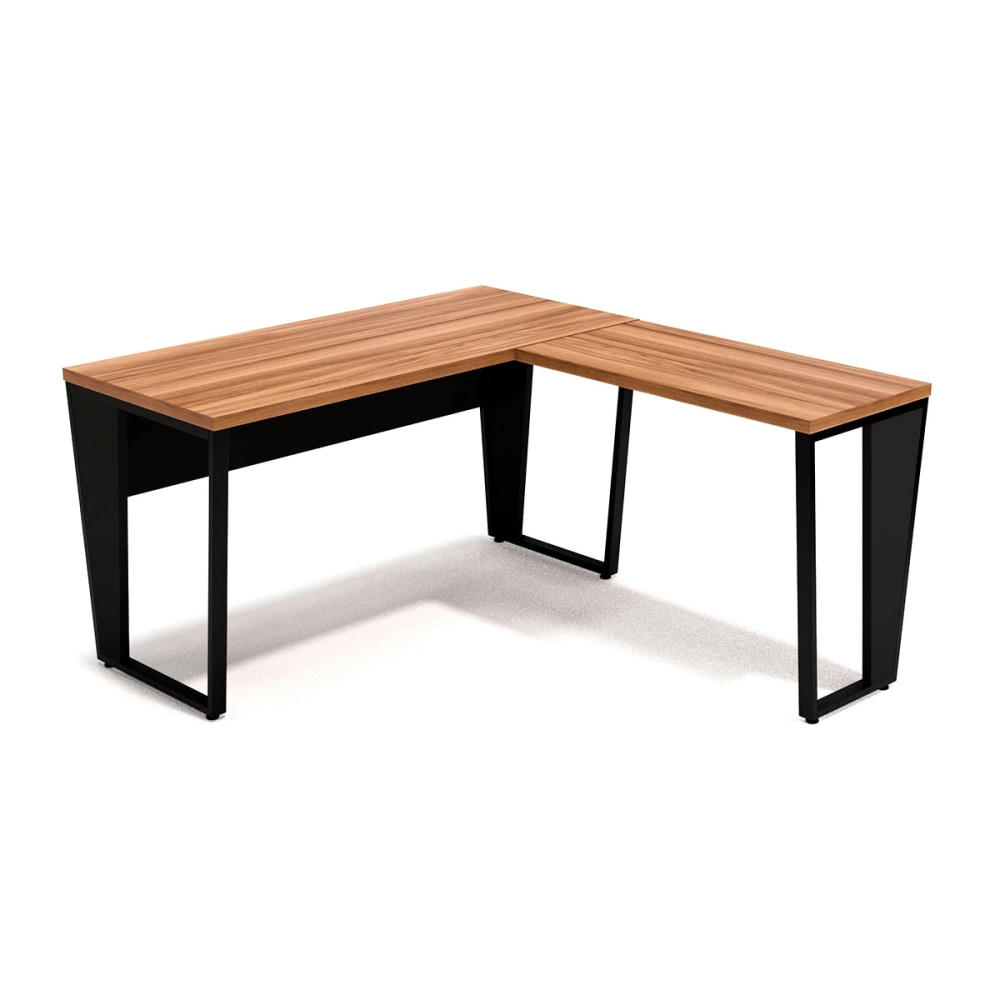 Mesa de Escritório Industrial em L Tampo 30mm Pés em Metal Cor:Nogal com Preto