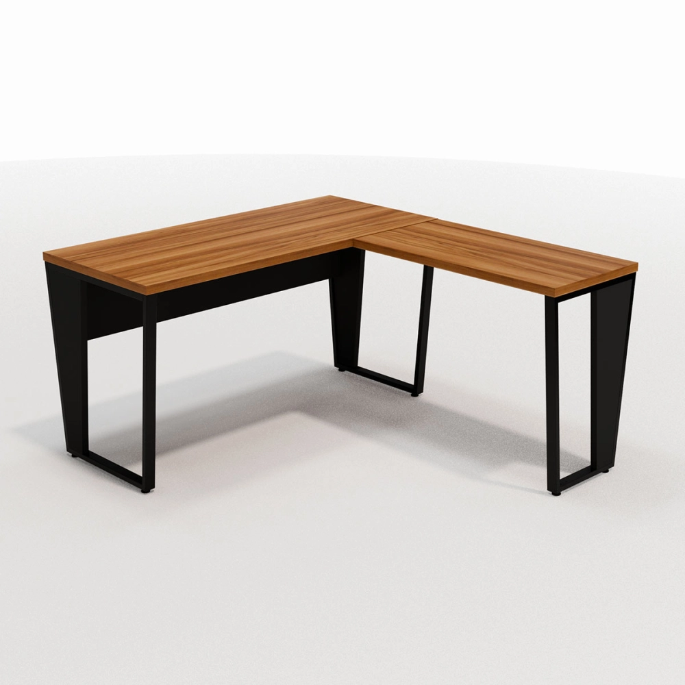 Mesa de Escritório Industrial em L Tampo 30mm Pés em Metal Cor:Nogal com Preto