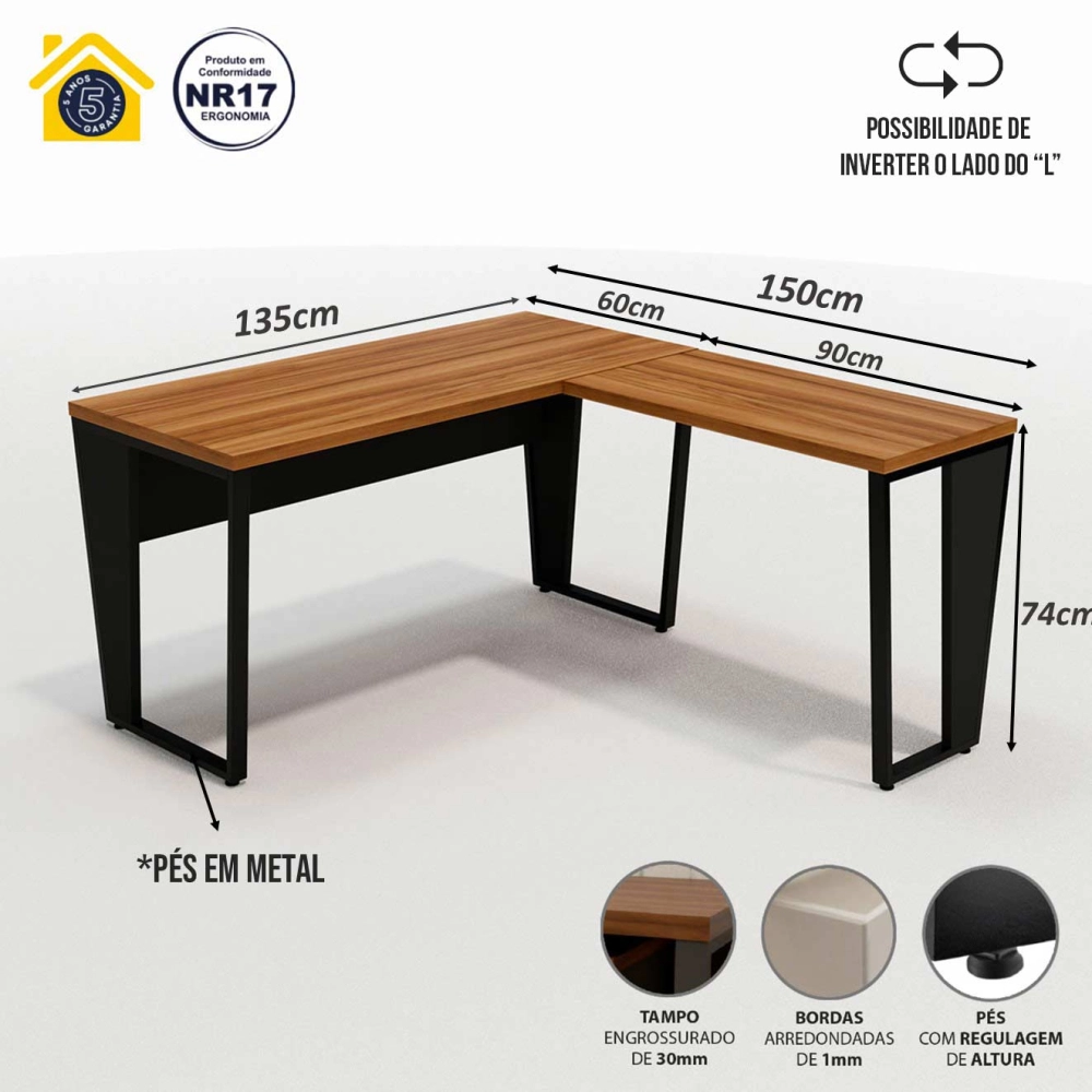 Mesa de Escritório Industrial em L Tampo 30mm Pés em Metal Cor:Nogal com Preto
