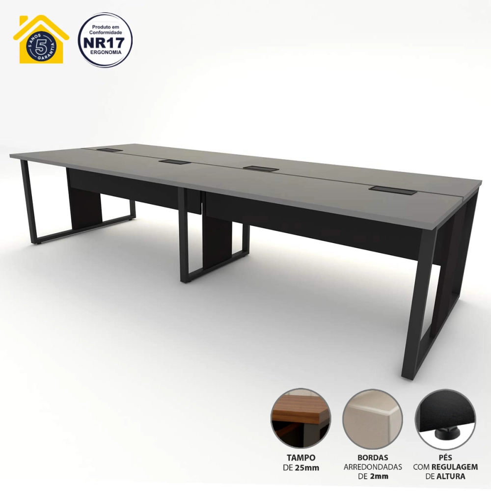 Mesa de Escritório Plataforma 3,0m 4 Pessoas CSP Pés Metal Cor:Cinza Sagrado com Preto