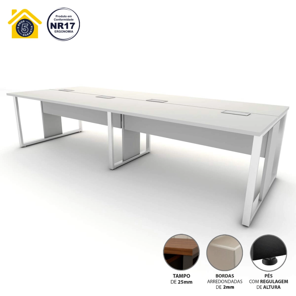 Mesa de Escritório Plataforma 3,0m 4 Pessoas CZ Pés Metal F5 Cor:Cinza