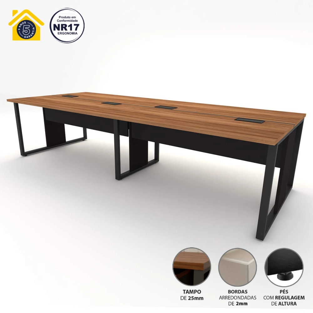 Mesa de Escritório Plataforma 3,0m 4 Pessoas NG Pés Metal F5 Cor:Nogal com Preto