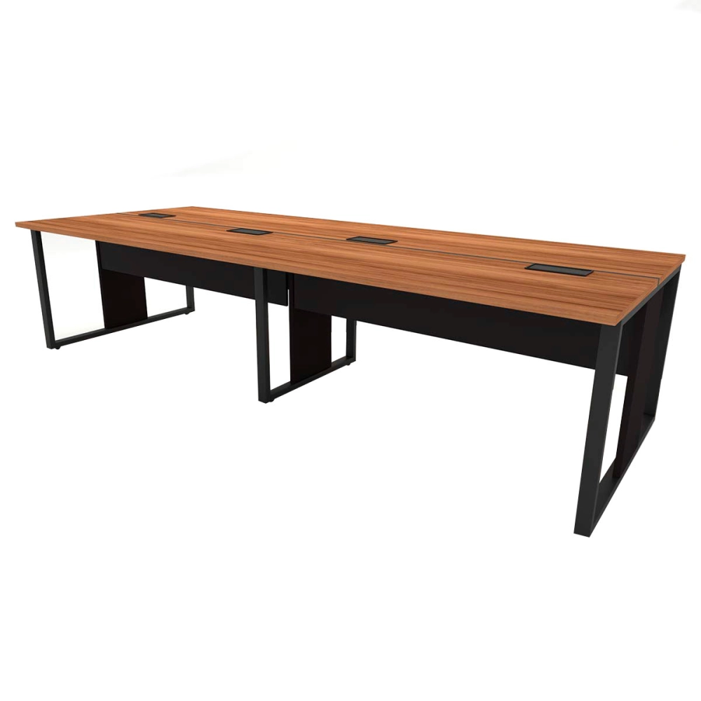 Mesa de Escritório Plataforma 3,0m 4 Pessoas NG Pés Metal F5 Cor:Nogal com Preto