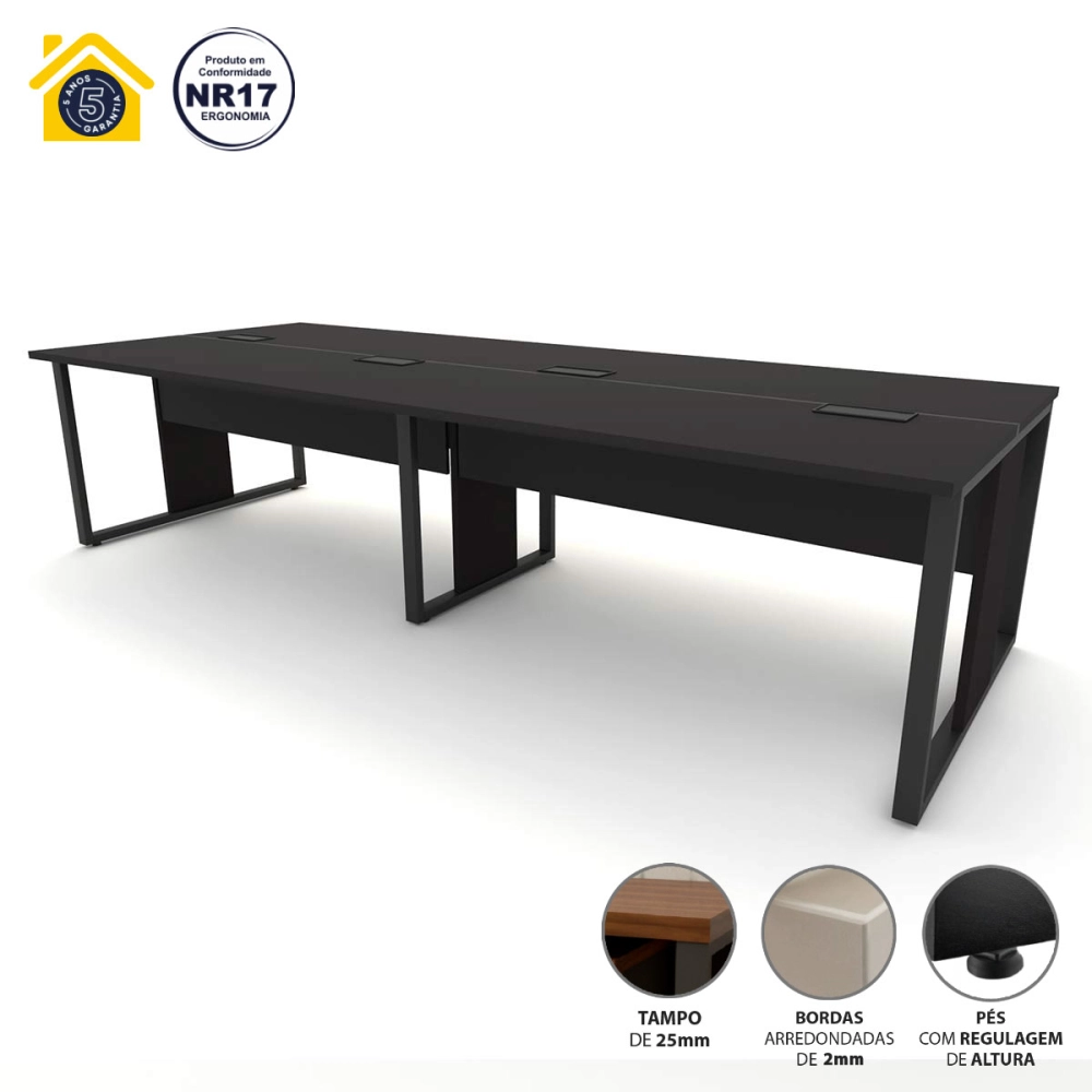 Mesa de Escritório Plataforma 3,0m 4 Pessoas Pre Pés Metal Cor:Preto